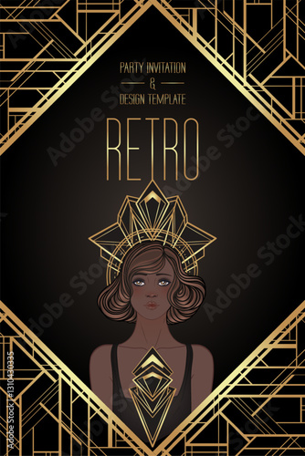 Retro fashion, glamour girl of twenties. African American woman. Vector illustration. Flapper 20s style. Vintage party invitation design template. Fancy black lady.