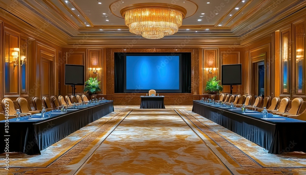 Fototapeta premium Elegant Conference Room Setup with Large Chandelier and Modern Technology for Business Meetings