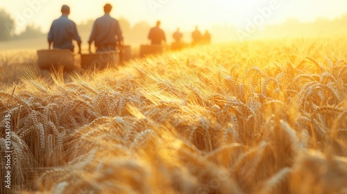 Harvest workers gathering wheat in a sunlit field during early evening hours