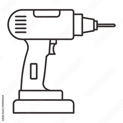 Cordless Drill Outline Vector Illustration - Construction Clipart & Line Art Design, Cordless drill outline vector illustration, perfect for clipart, line art, and construction designs.