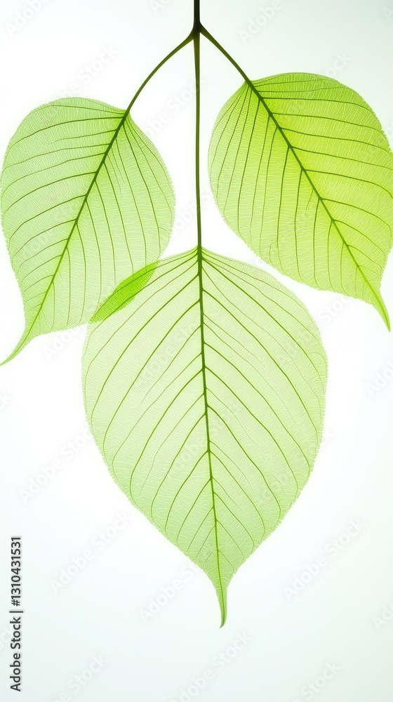Close-up of three leaves against white background.  Possible use Nature photography