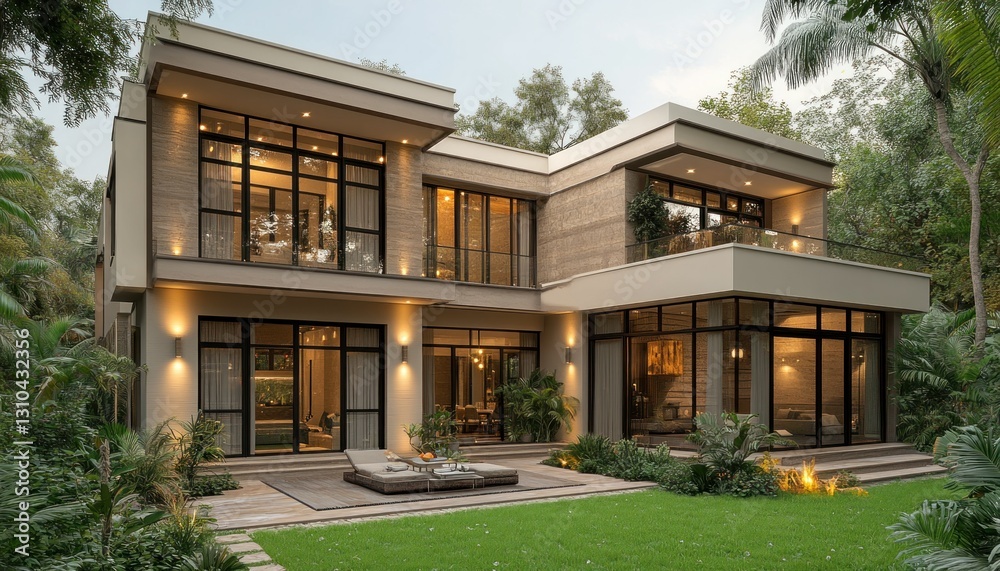 Modern Two-Story House Surrounded by Lush Greenery and Elegant Outdoor Space Modern Two-Story House Surrounded by Lush Greenery and Elegant Outdoor Space