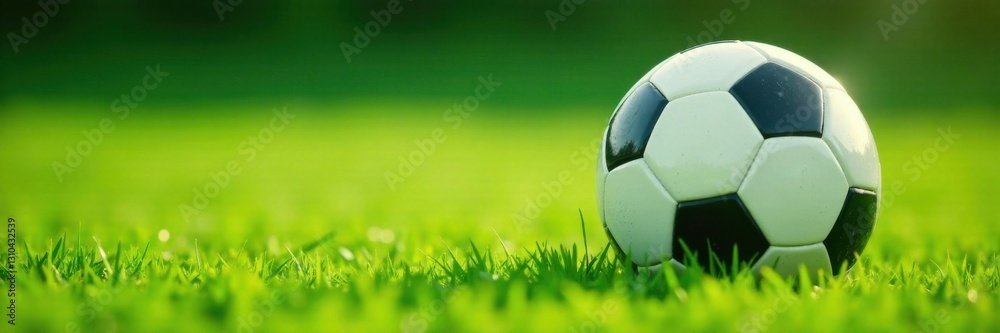 Fototapeta premium Closeup of soccer ball with slight movement on lush green grass, soccer ball, green grass, terrain