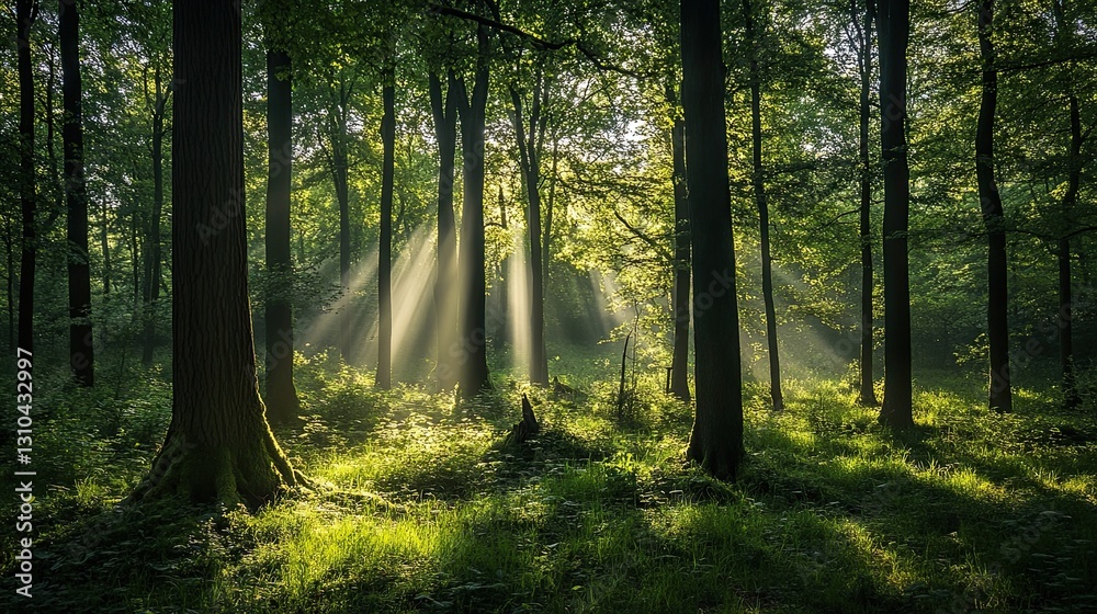 Fototapeta premium Sunlight Filtering Through Tall Trees in Lush Green Forest