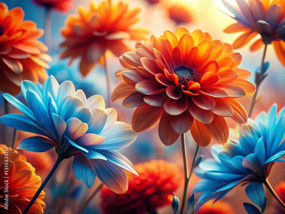 Fototapeta premium Dreamy Silhouette Floral Art: Abstract Red, Orange & Blue Petals
