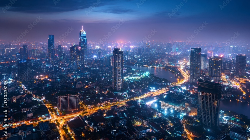 Night cityscape with illuminated towers and glowing river. Night cityscape with illuminated towers and glowing river.