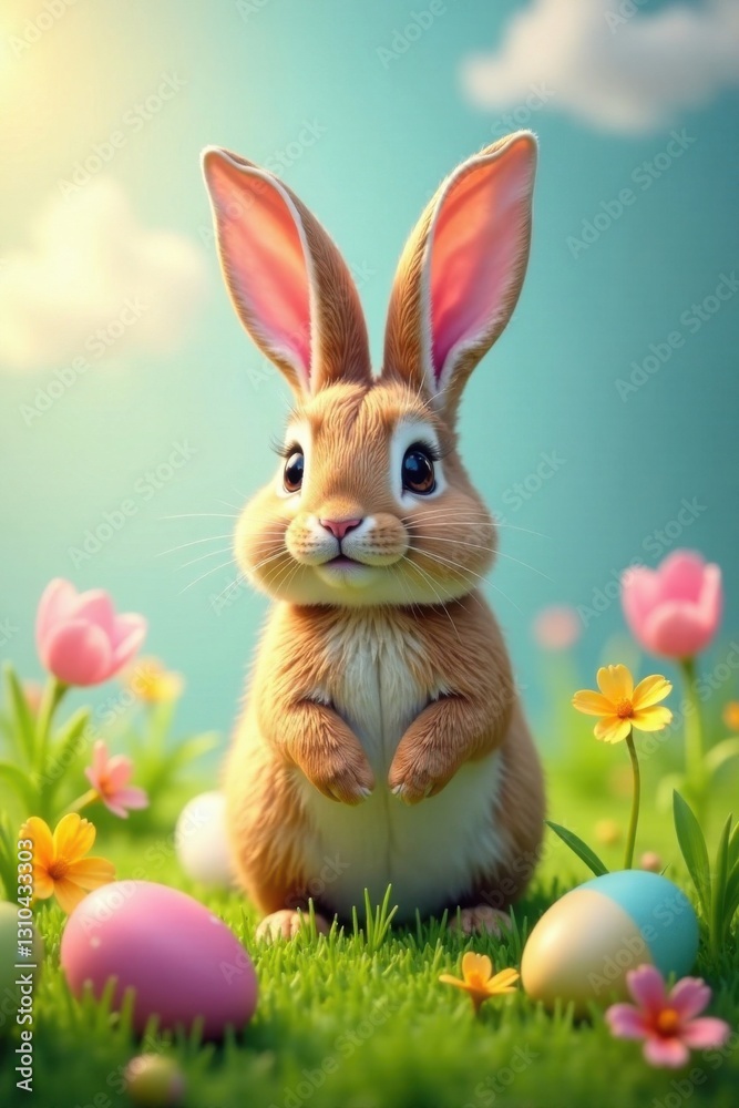 Fototapeta premium Colorful Easter bunny ears standing on a meadow with vibrant flowers and scattered eggs , green, easter, hop