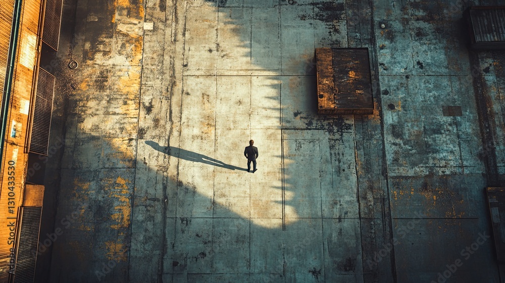 Solitary Figure on Urban Concrete Platform with Shadows and Texture Solitary Figure on Urban Concrete Platform with Shadows and Texture