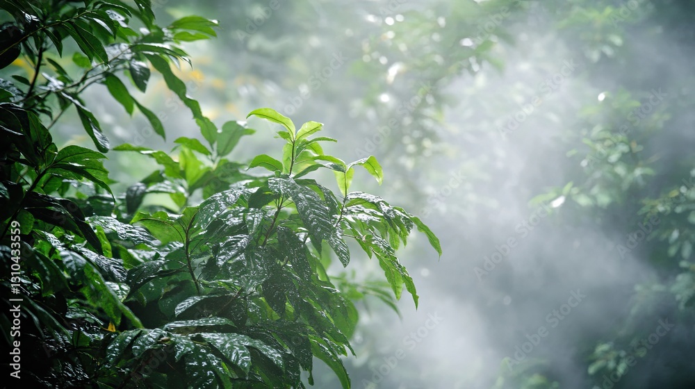 Obraz premium Lush Green Leaves with Mist in a Tropical Rainforest Scene