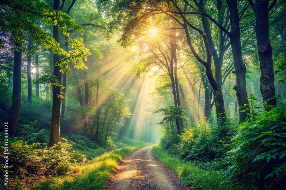 Fototapeta premium Dreamy Vintage Nature Scene: Misty Forest Path at Dawn