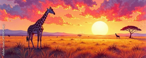 Colorful watercolor illustration of a giraffe in the savannah at sunset, wildlife, giraffe, nature