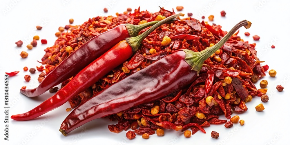 Dried Chili Flakes & Seeds, Red Pepper Pieces, Isolated on White Background - Top View Dried Chili Flakes & Seeds, Red Pepper Pieces, Isolated on White Background - Top View