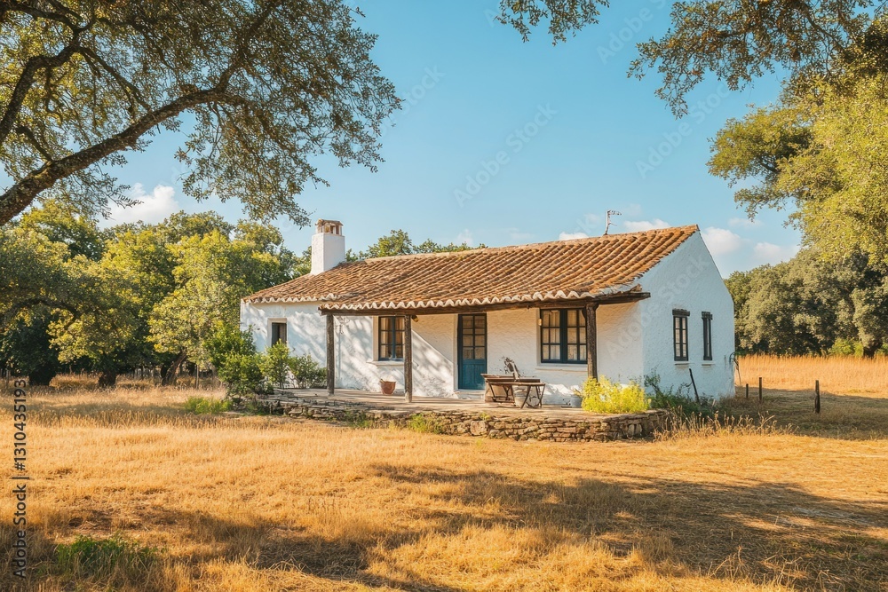 Obraz premium Charming Rural Cottage Surrounded by Lush Green Trees Under Bright Blue Sky