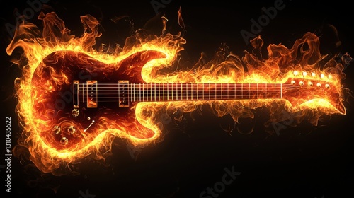 Electric guitar engulfed in flames during a dramatic performance at a late-night concert