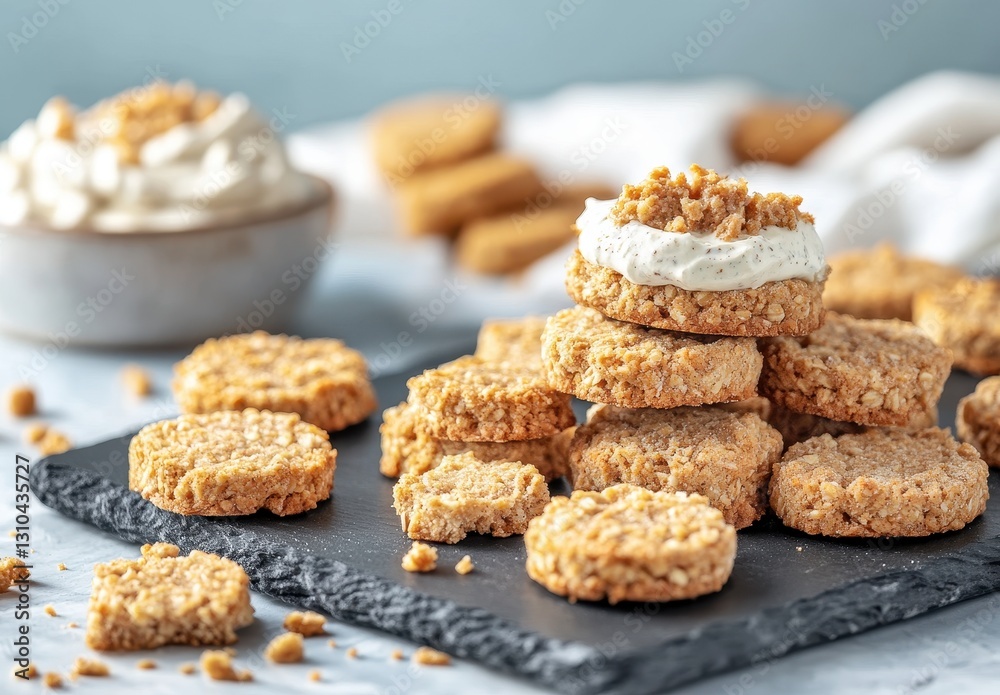 Delicious Oatmeal Cookies Stacked on Slate Board with Creamy Frosting and Crushed Topping Surrounded by Crumbly Treats and Dessert Presentation Delicious Oatmeal Cookies Stacked on Slate Board with Creamy Frosting and Crushed Topping Surrounded by Crumbly Treats and Dessert Presentation