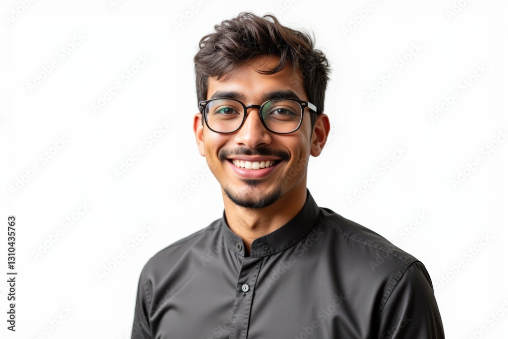 Young South Asian Male in Glasses Smiling Against a White Background, Wearing a Black Shirt, Showcasing a Friendly and Approachable Demeanor Young South Asian Male in Glasses Smiling Against a White Background, Wearing a Black Shirt, Showcasing a Friendly and Approachable Demeanor