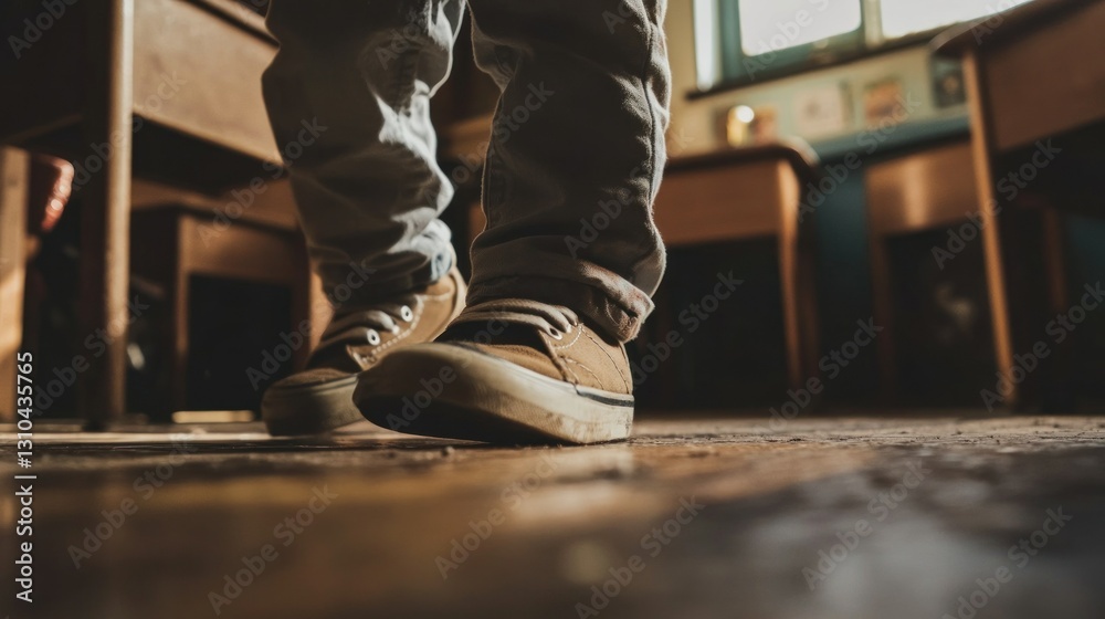 Close-Up View of Child's Feet Walking Inside a Classroom with Wooden Furniture Close-Up View of Child's Feet Walking Inside a Classroom with Wooden Furniture