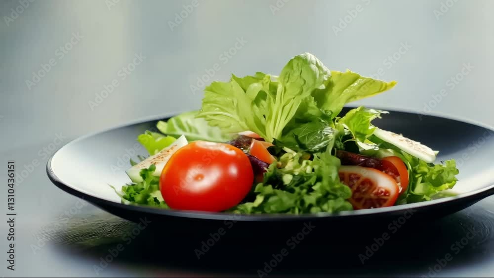 A fresh and colorful salad in the middle of a black plate. The vibrant ingredients and artistic presentation create a delightful culinary experience. A fresh and colorful salad in the middle of a black plate. The vibrant ingredients and artistic presentation create a delightful culinary experience.