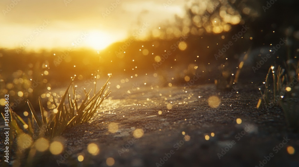 Beautiful Sunset with Dew Drops on Grass in Nature's Tranquil Landscape Beautiful Sunset with Dew Drops on Grass in Nature's Tranquil Landscape