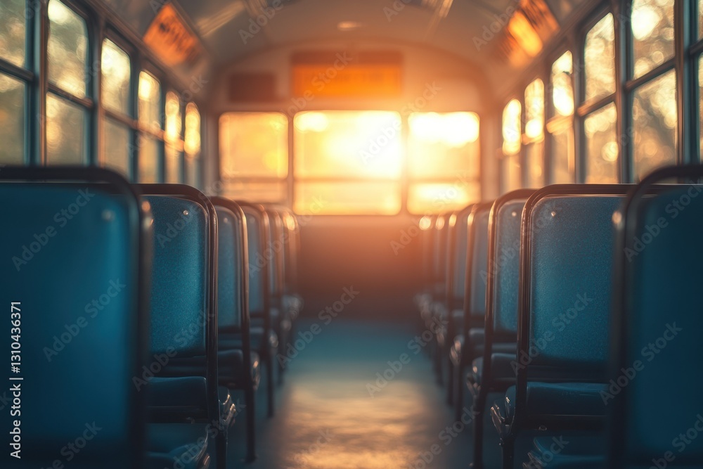 Sunlit Interior of an Empty Bus with Rows of Seats and Warm Evening Glow Sunlit Interior of an Empty Bus with Rows of Seats and Warm Evening Glow