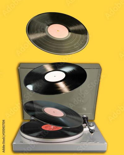 Surreal composition of floating vinyl records above turntable on yellow background