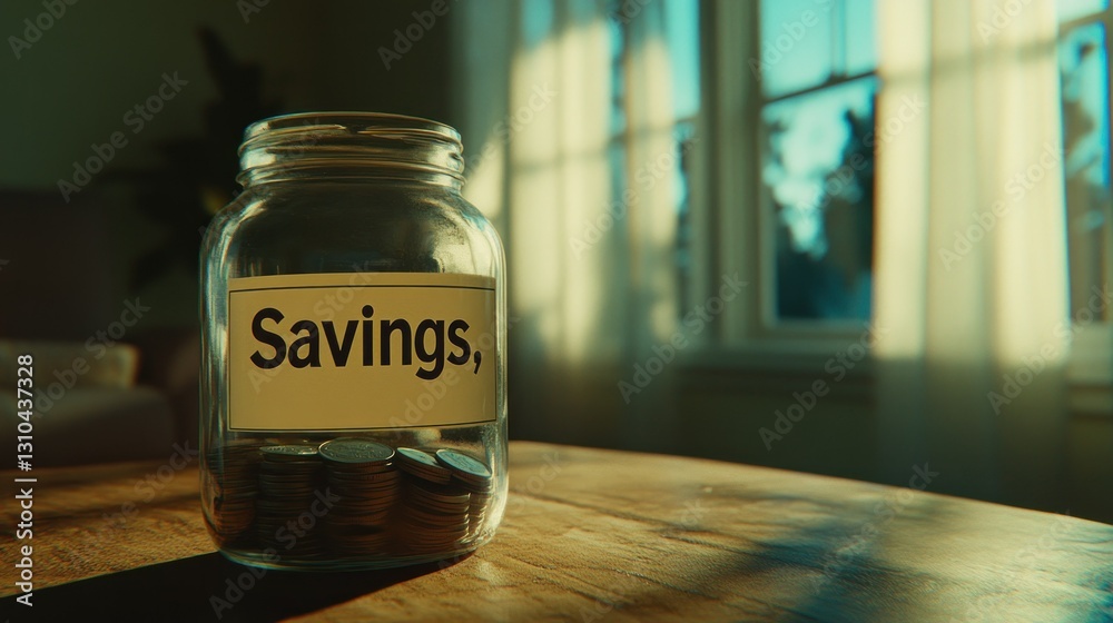 Glass Jar Filled with Coins Depicting Savings on a Wooden Table with Natural Light Glass Jar Filled with Coins Depicting Savings on a Wooden Table with Natural Light