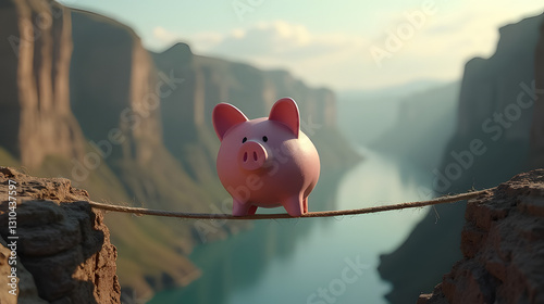 A piggy bank crossing a tightrope over a canyon labeled Debt Crisis