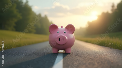 A piggy bank standing at a fork in the road choosing between Wealth and Debt