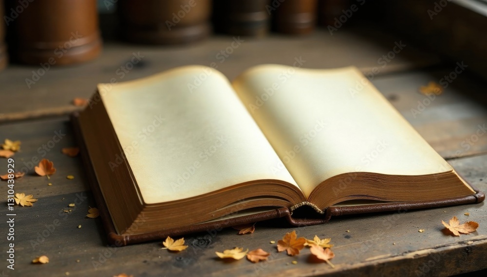 Fototapeta premium Old wooden table with open book lying on it, showing yellowed pages , wood, antique