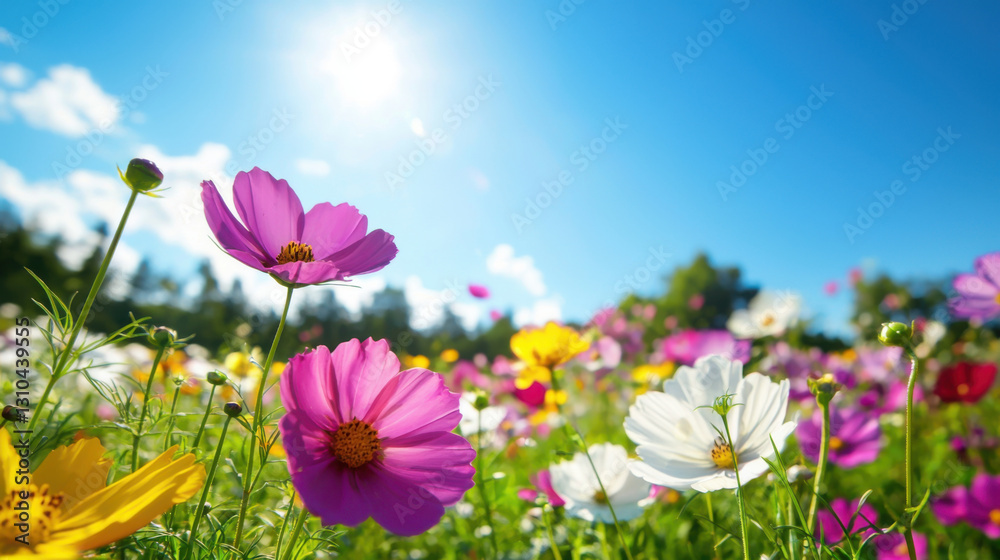 vibrant flower field in full bloom under clear blue sky, radiating joy vibrant flower field in full bloom under clear blue sky, radiating joy