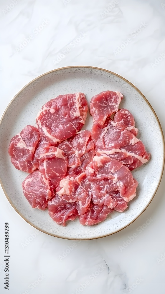 Raw Pork Slices on Plate, Fresh Meat Ready for Cooking, Close Up Top View Raw Pork Slices on Plate, Fresh Meat Ready for Cooking, Close Up Top View