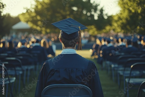 Graduation Ceremony with Student Wearing Cap and Gown in Outdoor Setting