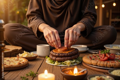 A Cozy Evening Ambiance: A Person Enjoying a Delicious Vegetarian Feast of Burgers, Pizza, and Salads in a Rustic Outdoor Setting at Dusk