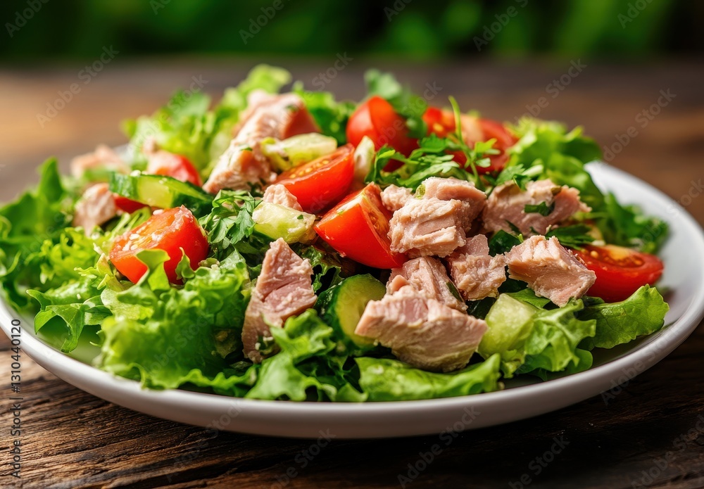Fresh and Colorful Salad with Tuna, Cherry Tomatoes, Cucumbers, and Greens on a Rustic Wooden Table with Natural Background Fresh and Colorful Salad with Tuna, Cherry Tomatoes, Cucumbers, and Greens on a Rustic Wooden Table with Natural Background