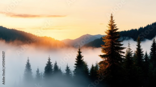 Misty fir forest embraces the dawn in a vintage retro style