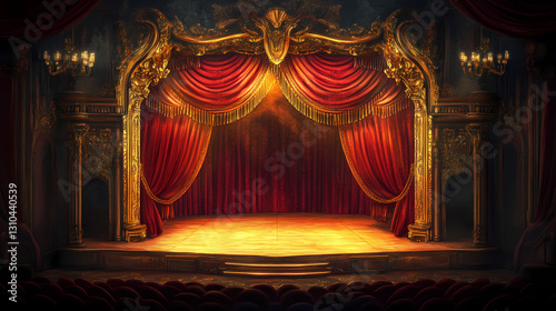 Ornate theater stage with luxurious crimson velvet curtains golden tassels and antique footlights casting a warm glow intricate baroque details adorn the proscenium arch. Ornate - Mask. Illustration