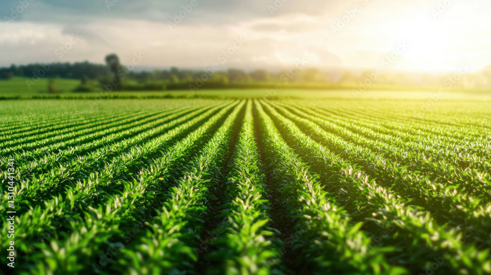 Lush green agricultural field with rows of crops under sunlight Lush green agricultural field with rows of crops under sunlight