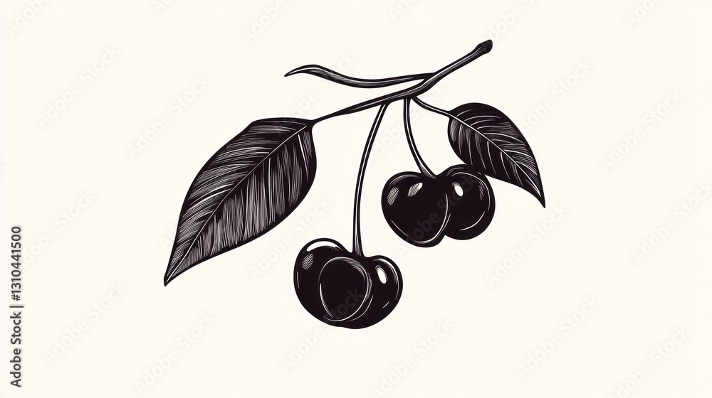 Hand-drawn stylized illustration of cherries on a branch with leaves. Possible use for food, botanical, or design projects Hand-drawn stylized illustration of cherries on a branch with leaves. Possible use for food, botanical, or design projects