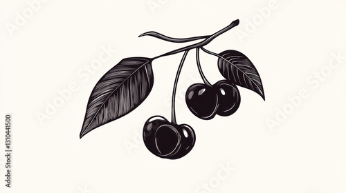 Hand-drawn stylized illustration of cherries on a branch with leaves.  Possible use for food, botanical, or design projects