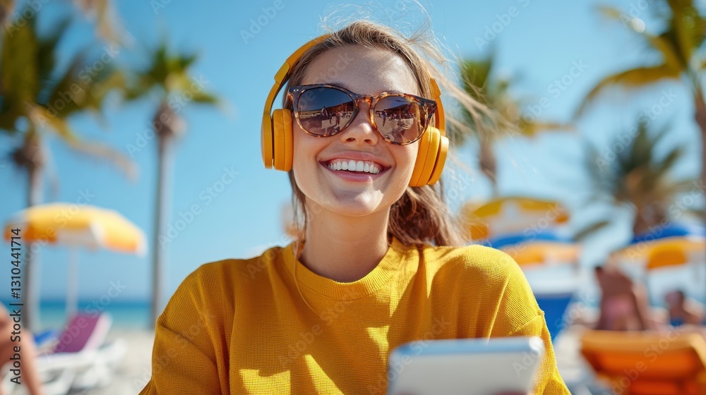 Young woman enjoying music at the beach on a sunny summer day