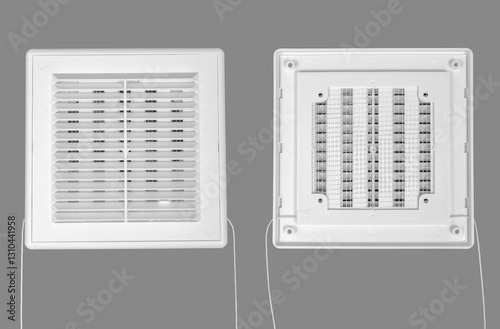 White ventilation grate on a gray background. Square shape, plastic material. Front and back sides.