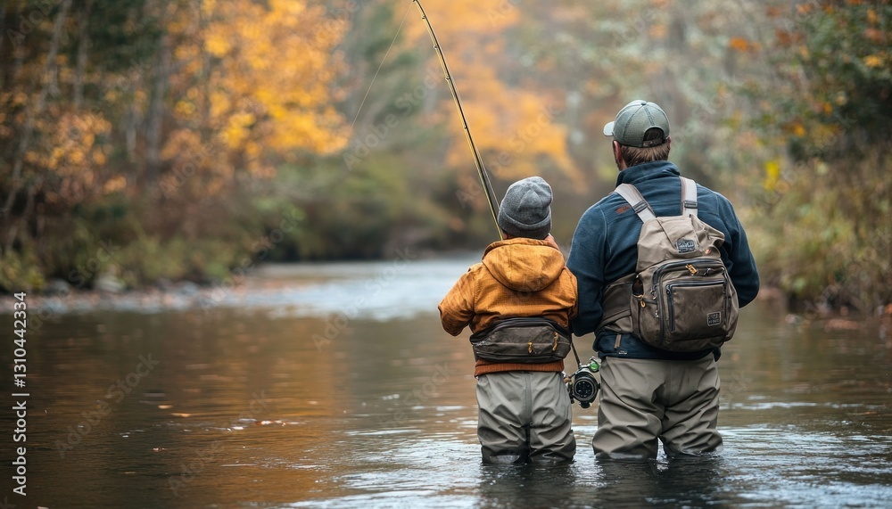 Father and Child Fishing Together in a Tranquil Stream Surrounded by Autumn Foliage Father and Child Fishing Together in a Tranquil Stream Surrounded by Autumn Foliage