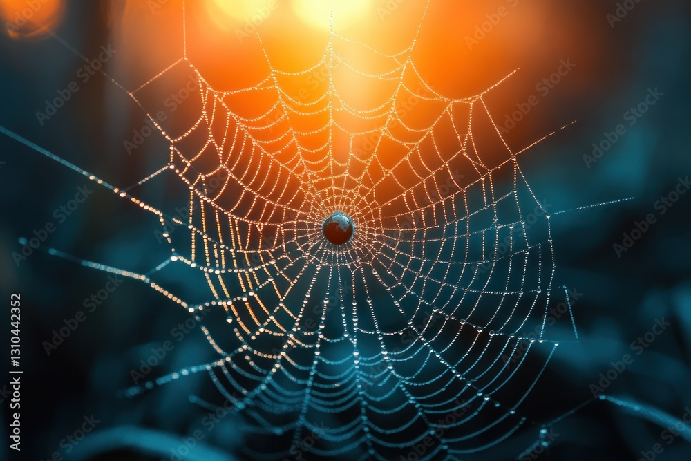 Beautifully Crafted Spider Web Catching Morning Dew with Sunrise Backdrop Beautifully Crafted Spider Web Catching Morning Dew with Sunrise Backdrop