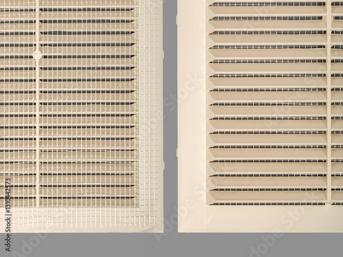 Beige ventilation grate on a gray background. Square shape, plastic material. Front and back sides.