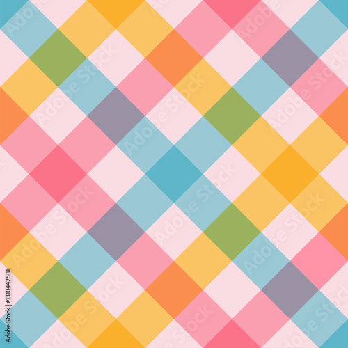 Multicolored diagonal gingham seamless pattern. Spring geometric checkered background.