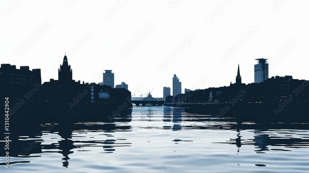 Fototapeta premium Dublin city skyline silhouette reflected in river at sunset, iconic landmarks and urban cityscape in Ireland