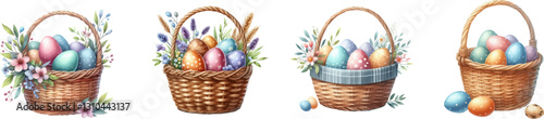 Easter Eggs basket collection. Watercolor Easter basket with colorful painted eggs. Happy Easter Day. Decorated wicker basket with hand-painted easter eggs .