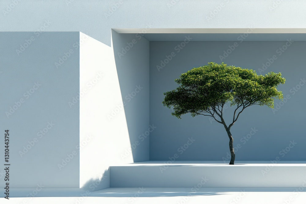 Obraz premium Minimalist Architecture with Single Green Tree in Contemporary Outdoor Space