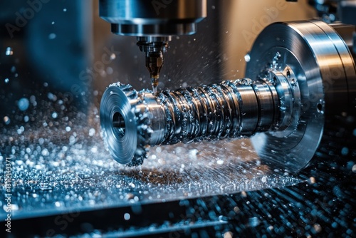 Precision Machining Process with Metal Part Undergoing CNC Lathe Operation and Cutting Fluid