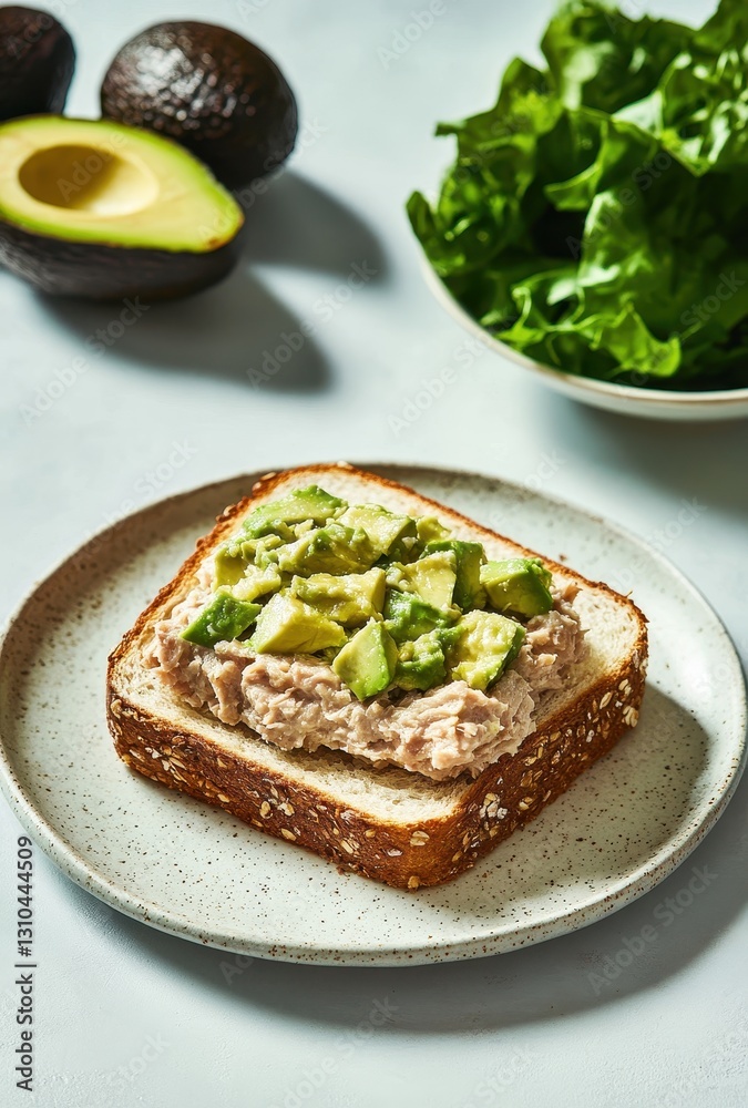 Fresh Avocado and Tuna Salad on Whole Grain Bread with Leafy Greens in a Bright Kitchen Setting Fresh Avocado and Tuna Salad on Whole Grain Bread with Leafy Greens in a Bright Kitchen Setting